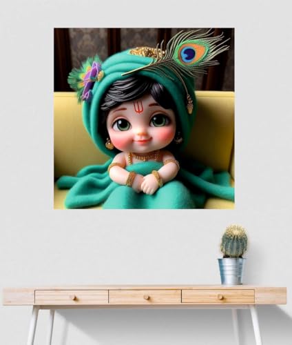 Image of Akki Wold Baby Green Krishna In Green Blanket Wall Poster For Living Room, Office, Pooja Room (Size - 41CM X 41CM)