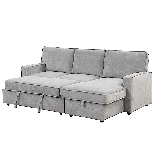 LUMISOL 89" Convertible Sleeper Sofa Bed, Modern L-Shaped Sofa with Pull Out Bed, Storage Chaise, Cloud Upholstered Sectional Sofa Couch with Cup Holders & Charging Station for Living Room, Gray
