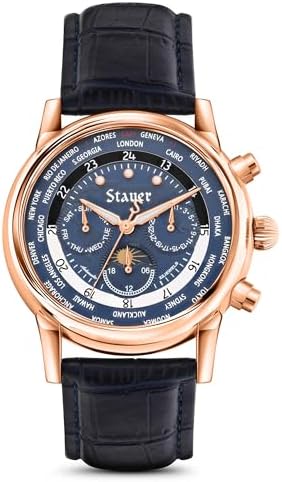 Stauer Globehopper Automatic Watch for Men – 46mm Rose Gold Finished Case, Blue Face with Sun & Moon Phase Dial, World Time Zones and Black Leather Strap