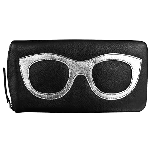 ili New York - Genuine Leather Eyeglass Case -Zippered Enclosure Sunglass Holder w/Frame Silhouette Embellishment, One Size