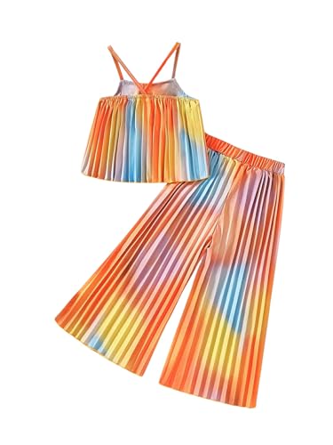 Image of RoseSeek Girl's 2 Piece Boho Cute Outfits Pleated Spaghetti Strap Camisoles Elastic Waist Wide Leg Pants Sets