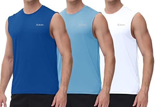 Cakulo Mens Sleeveless Muscle Workout Shirts Quick Dry Gym Athletic Running Tank Tops Pack Swim T Shirt Blue/Blue/White 2XL