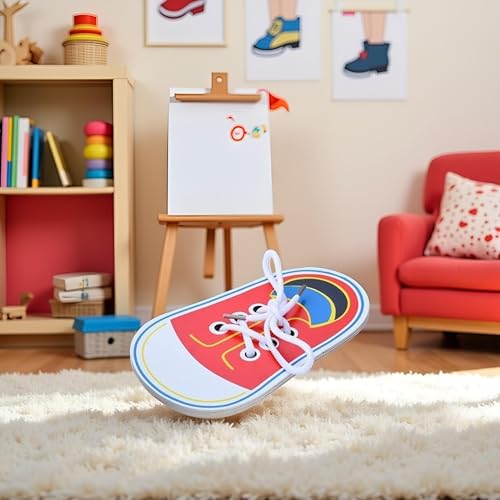 Image of Red Wooden Shoe Tying Practice, Learn to Tie Your Own Shoes Threading Lacing Shoes Training Early Learning Kits, Threading Lacing Shoes Training Board Early Learning,Decorative Accessories