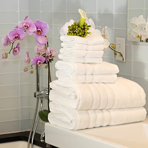 Mosobam 700 Gsm Luxury Bamboo Viscose 8Pc Extra Large Bathroom Set, White, 2 Bath Towels Sheets 35X70 2 Hand Towels 16X30 4 Face Washcloths 13X13, Turkish Towel Sets, Quick Dry #TOP1
