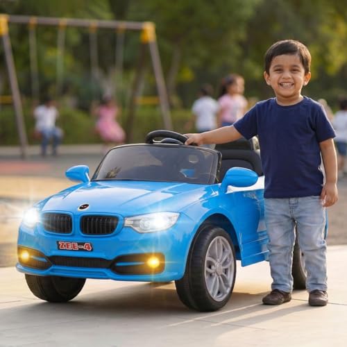 Image of Toyzone Zee-4 Electric Car (Blue) | 12V Rechargeable Car for Kids with 4.5ah Battery | LED Lights, Music, MP3 /USB /BT | Smooth Acceleration | 6M Battery Warranty | Age 2-9 Years, Upto 35 kg