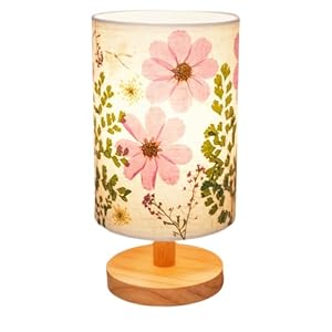 Dried Flowers Small Table Lamp 5W LED 3-Color Bedside Lamp Pressed Flowers Lampshade with Wood Base for Bedroom Living Room Desk Nursery