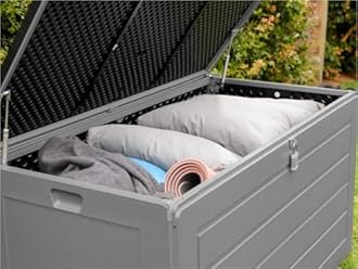 Olsen & Smith MASSIVE Capacity Outdoor Garden Storage Box Plastic Shed - Weatherproof & Sit On with Wood Effect Chest (680L, Anthracite)