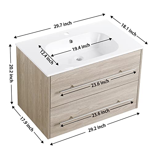 Ssline Wall Mounted Bathroom Vanity With Sink Modern 30" Floating Bathroom Vanity With Top Basin & Storage Drawers White Oak Wood Hanging Bath Cabinet W/Gel Sink And Silver Handle For Small Space #TOP1