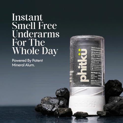 Image of Phitku Crystal Roll On with Charcoal Extract | Natural Alum | Brightens Dark Underarms, Controls Body Odour | Fragrance-Free & Alcohol Free | Men & Women | 100g