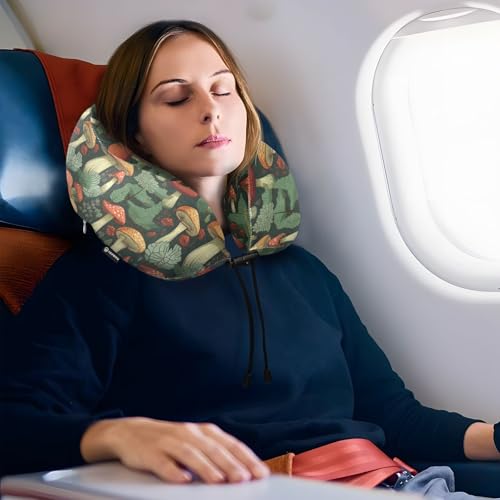 Image of ALAZA Mushrooms Green Leaves Travel Neck Pillow Memory Foam Neck Pillow with Storage Bag,Soft Travel Pillow for Sleeping Travel Airplane Car Office Home