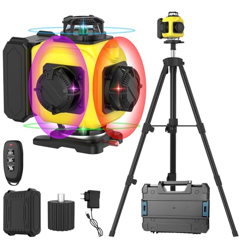 Kreuzlinienlaser, 4 x 360° Laser Wasserwaage mit Stativ, 4-Farben-Laser, 16 Linien, Selbstnivellierenden und Pulsmodus, Fernbedienung, Drehbarer Sockel, Kreuzlaser Laser Level für Baustelle