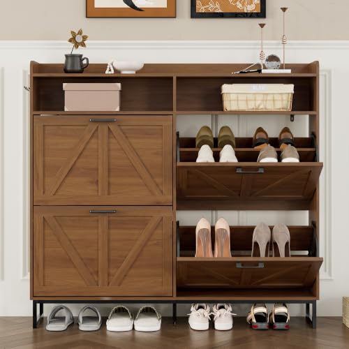 Image of BORNOON Shoe Cabinet with 4 Flip Drawers Narrow Shoe Storage Cabinet Organizer Wooden Freestanding Shoe Rack Hidden Slim Shoes Storage Cabinet for Entryway, Hallway, Living Room, Bedroom