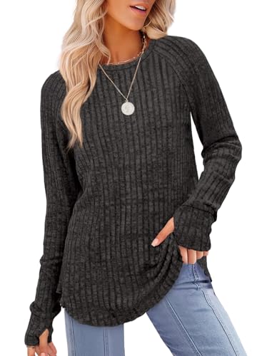 Image of Saloogoe Women's Long Sleeve Top Crewneck Basic Lightweight Fall Shirt with Thumb Hole
