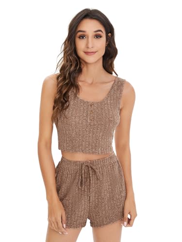 SOLY HUX Women's Button Front Ribbed Knit Tank Top and Shorts Pajama Set Sleepwear Lounge Sets2
