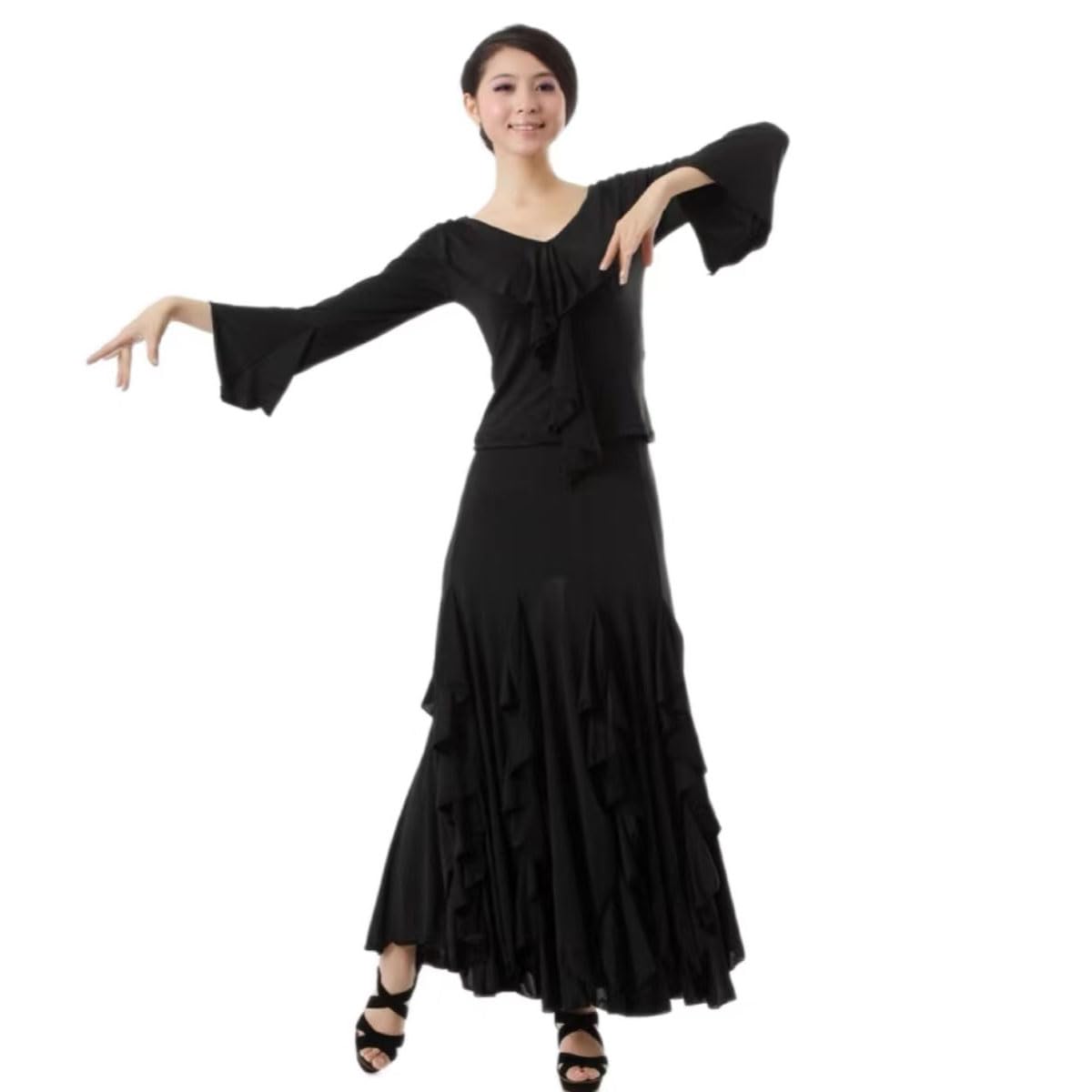 Damen Übungskleid Mit V Ausschnitt Für Den Ballsaal Trompetenärmel Großer Tango Swing Rock Walzer Tanzkleidung Gesellschaftskostüm Weiche Flamenco Modern Tanzkleidung