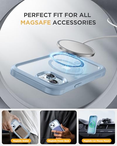 Image of Miracase Glass Series for iPhone 15 Case [Compatible with MagSafe] Full-Body Magnetic Bumper Case with Built-in 9H Tempered Glass Anti-Fingerprint Screen Protector + Camera Lens Protector, Light Blue