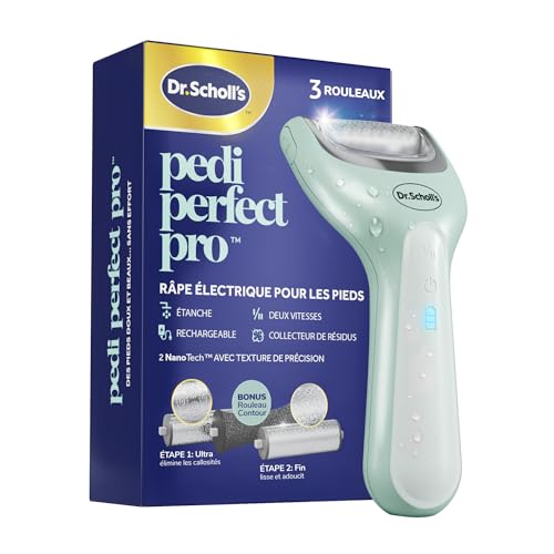 Dr. Scholl's - Râpe électrique Pedi Perfect Pro avec 3 rouleaux de rechange Nano Tech - Élimine les callosités pour des pieds doux et beaux, autonomie de 90 minutes