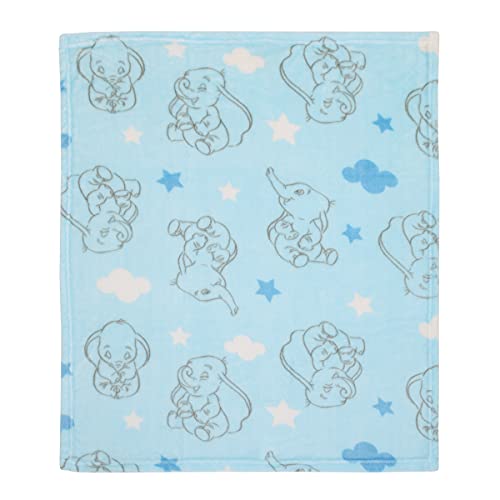 Image of Disney Dumbo Pastel Blue, Grey & White Clouds & Stars Super Soft Baby Blanket, Light Blue, Grey, White