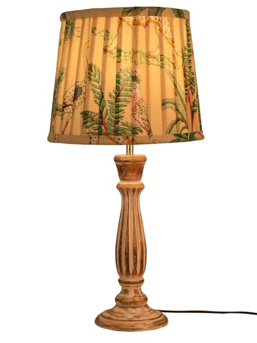 Image of Green Girgit Athens Wooden Lamp in Distress White Color with Pleeted Multiolor Green Shade, Vintage Style Table Lamp with Tropical Print Shade, Decorative Bedroom Lighting (LED Bulb Included)