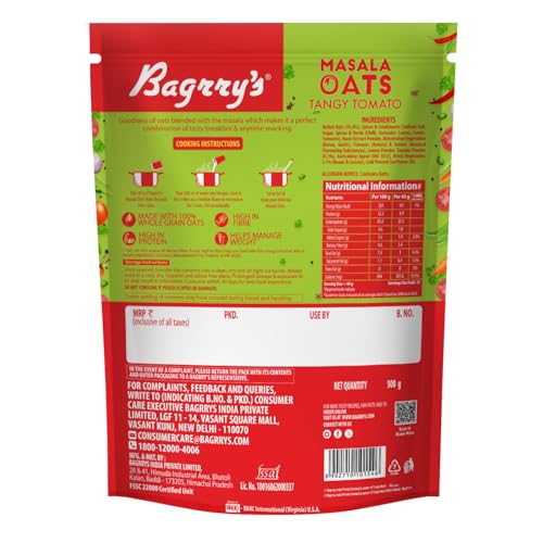 Image of Bagrry's Masala Oats- Tangy Tomato 500g | Source of Protein & Fibre | Helps Manage Weight | Everyday Tasty Snack | All Natural | Instant Oats | Non- GMO | Made With 100% Whole Grain Oats | No Preservatives