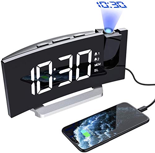 Projektions-Wecker, Digital Radio-Wecker mit Zwei Weckzeiten, Einstellbare Helligkeit for Bildschirm und Projektion, 4 Alarm Sounds, 9-Minute