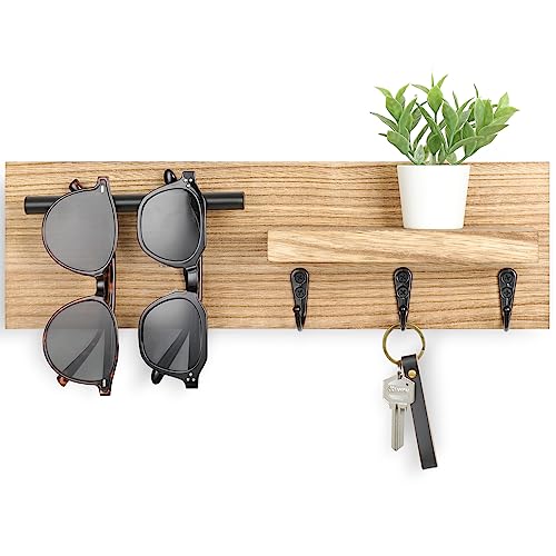 Lucundm Key Holder for Wall, Decorative Entryway Shelf with Hooks Holds Keys, Dog Leash, Sunglasses – Key Hanger with 3 Hooks Organizes, Enhances Home Decor (15” x 4.5” x 2.6”) (Wood)