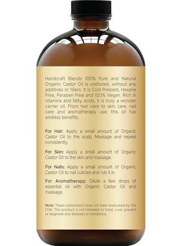 Handcraft Blends Cold-Pressed Organic Castor Oil in Glass Bottle - 16 Fl Oz - 100% Pure and Natural - Premium Grade Carrier Oil for Hair Growth, Eyelashes and Eyebrows - Hair and Body