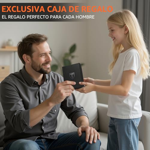 Miniatura 7 de Teehon Carteras Para Hombre, Tarjetero Hombre Con Bloqueo Rfid Magnético, Fibra De Carbon Cartera Con Monedero Compartimentos Para Billetes Ventana Id Clásico, Negro Naranja