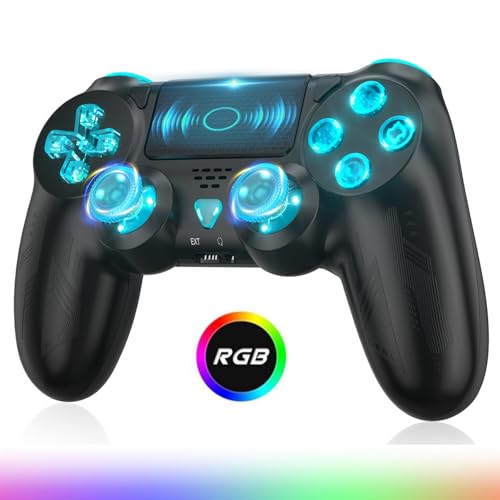 Gamrombo RGB Wireless Controller für PS4, Kompatibel mit PS4 Pro/Slim/PC, Bluetooth Gamepad mit Turbo & Macro Function/Dual Vibration/6-Achsen Gyro Sensor/Touchpanel/3,5-mm-Audiobuchse