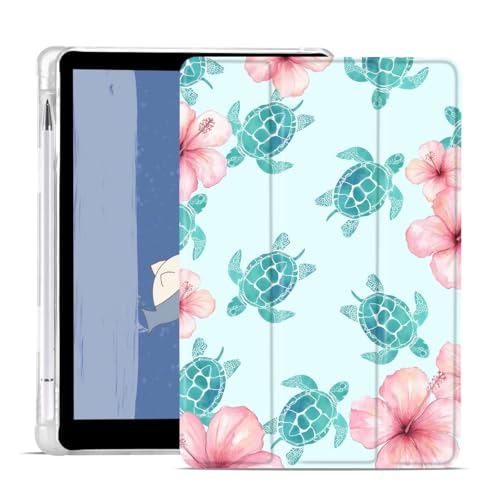 Housse iPad Pro 13 2024 tortue bleue pour travailler au café avec porte-stylet pratique