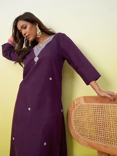 Image of Women's Silk Blend Embroidery Straight Kurta | Ethnic Kurtas for Women | Kurtis for Women Festive, Casual Office Wear Ethnic Kurta for Women