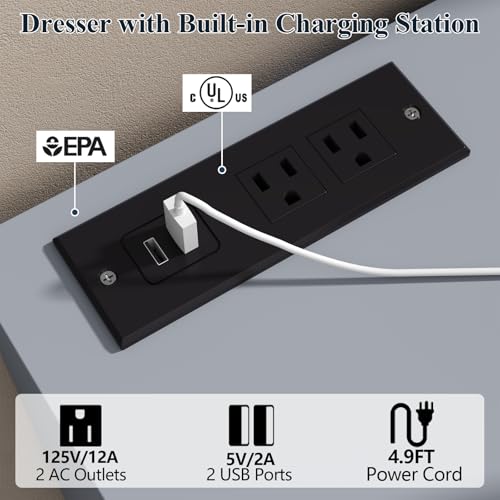 Image of Loomie 12-Cell Divided Drawers Grey Dresser with Charging Station & Led Lights for Bedroom, Long 63 inch Wide Dresser TV Stand for TVs up to 75 inch, Large Dressers Organizer with 4 Open Cubbies