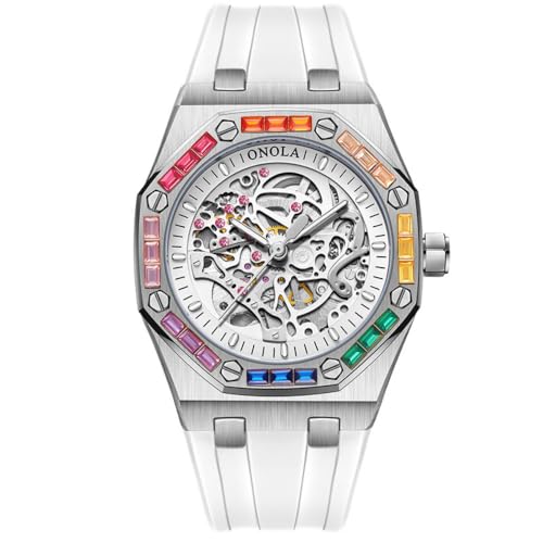 Image of DAXIAOYU Fashion Men Rainbow Diamond Bezel Wristwatch Luxury Skeleton Hollow Automatic Self-Wind Mechanical Watch Silicone Strap Waterproof Luminous Watches, Silver White, Luxury
