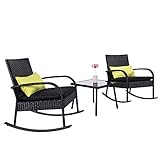 Cloud Mountain Outdoor 3 Piece Rocking Chair Set Wicker Rattan Bistro Set Wicker Furniture - Two Chairs with Glass Coffee Table, Black Cushion with Black Rattan