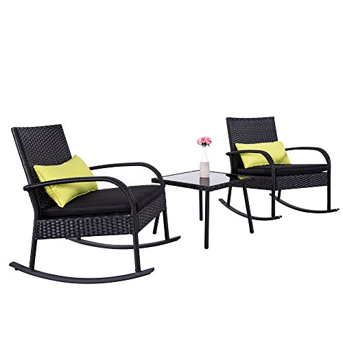 Cloud Mountain Outdoor Furniture 3 Piece Wicker Rattan Outdoor Rocking Chair Black Rock Bistro Set Comfortable Modern Easy Assembly Patio Lawn Garden Backyard Pool with Lumbars