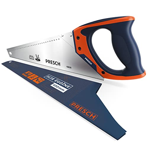 Presch Scie égoïne à main 450 mm – Scie à bois avec traçages à 45° et 90° – Scie à main professionnelle pour couper bois, pvc et sols stratifiés – Hand Saw