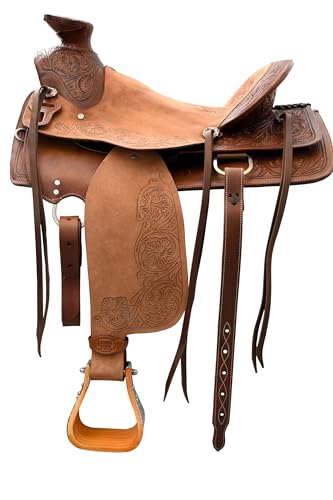 Royal Reins Premium Brown Tooled Leather Western Wade Saddle Set 13"-17" Seat – Ranch Roping Trail Riding Horse Saddle with Matching Headstall & Breast Collar (15 Inch)
