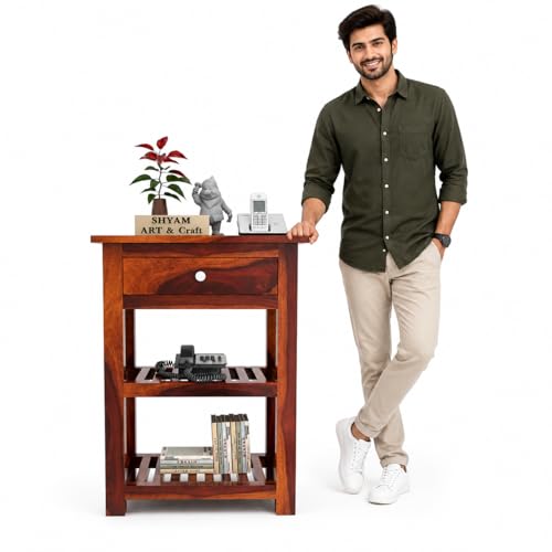 Image of SHYAM ART & CRAFT Sheesham Wood Bedside End Tables for Bedroom Living Room Telephone Table with 3 Drawers Storage Accent Table Office Furniture for Home | Brown