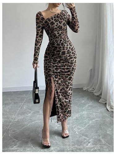 GORGLITTER Women's Maxi Leopard Spring Wedding Guest Dress Drawstring Ruched Asymmetrical Neck Split Dresses4