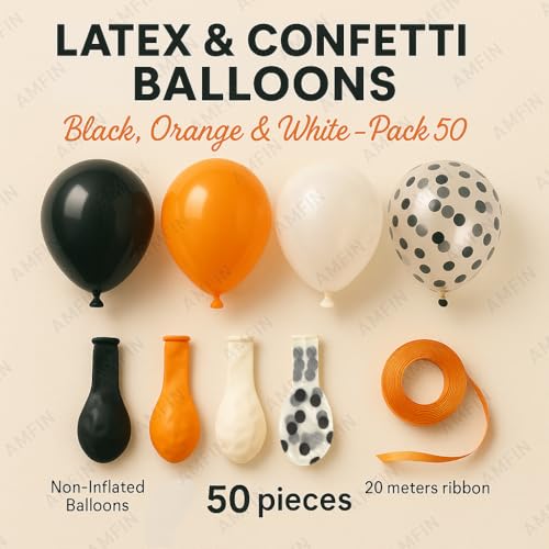 Image of AMFIN (Pack of 50) Orange, Black, White & Black Confetti Balloons with Orange Ribbon | Party Decoration Balloons for Halloween, Birthday, Anniversary, Baby Shower & Events