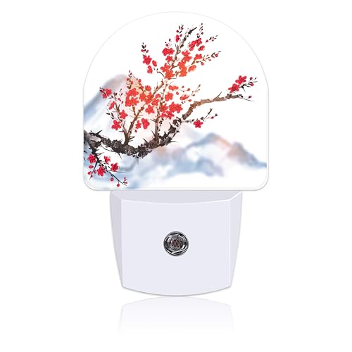 Image of Plug in Night Lights Oriental Cherry Tree Ink Painting Nightlight Plug Into Wall Dusk to Dawn Sensor LED Night Light for Kid Girls Boys Room Decor,Hallway,Kitchen,Bathroom,Nursery,Stairs