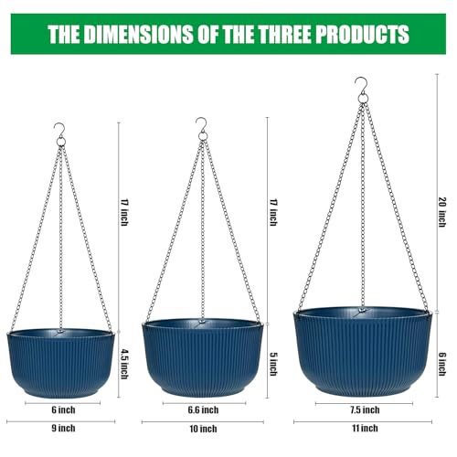 Hanging Planters 9/10/11 Inch for Indoor Plants, 3 Pack Plant Hanger Outdoor with Drainage Holes, Self Watering Hanging Basket Flower Pot for Garden Home Decor, Dark Blue - Image 4