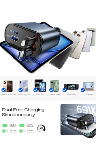 Image of 45W Fast Car Charger with 3-in-1 Cable | PD & QC Super Fast Charging | Type-C + USB-A Output | Supports Dash, Warp, VOOC |Compatible with Cars for iPhone & Android Smartphone (Retractable)