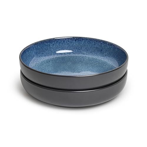 Sango Resona Blue & Black Large Serving Bowl (Set of 2), 64.25 oz, 10" Stoneware Bowls for Pasta, Salad & Dinner, Ceramic Bowls for Entertaining with Glossy Reactive Glaze, Dishwasher & Microwave Safe