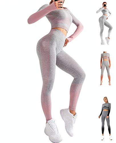CrisKat Conjunto de Ropa Deportiva para Mujer Top de Running de Manga Larga de 2 Piezas Pantalones de Cintura Alta Yoga Gym Wear (Pink, S)