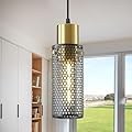 Omgomne Modern Pendant Light Fixtures, Gold Cylinder Pendant Lapms with Iron Mesh, Adjustable Metal Ceiling Hanging Light Fixture for Kitchen Island Dining Room Entryway Bar 1-Light