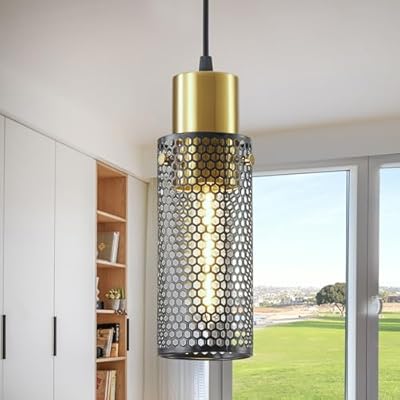 Omgomne Modern Pendant Light Fixtures, Gold Cylinder Pendant Lapms with Iron Mesh, Adjustable Metal Ceiling Hanging Light Fixture for Kitchen Island Dining Room Entryway Bar 1-Light