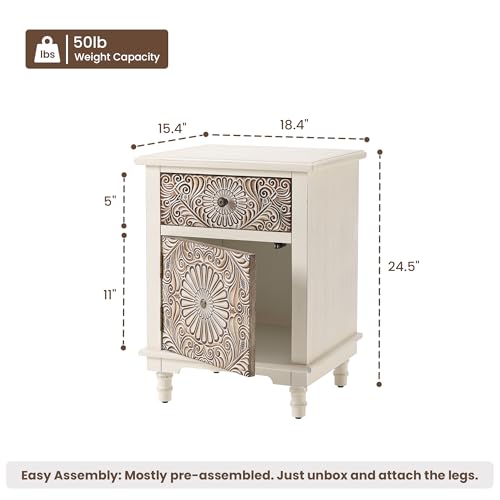 Image of HOMPUS White Nightstand with Drawer & Storage, Fully-Assembled Flower Motif Night Stand for Small Spaces, 2 Drawer End Table with Storage for Living Room, Bedroom, Distress White
