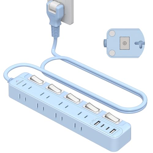 電源タップ マグネット 延長コード 2m 5つ個別スイッチ 8個AC口 2個Type-Cと2個Type-Aポート USB専用スイッチ NVEESHOX たこあし コンセント usb付き テーブルタップ タコ足配線 蛸足コンセント 磁石 省エネ ほこりシャッター付 雷ガード PSE技術基準適合 壁掛け/卓上に 空色（2708C）の商品画像（Amazon）