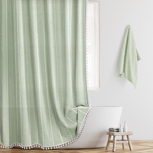 BESBESME Boho Farmhouse Shower Curtain Set with Hooks, Striped Linen Heavy Duty Fabric Shower Curtain for Bathroom, Water Repellent Rustic Vintage Country Shower Curtain with Tassels, Green, 72